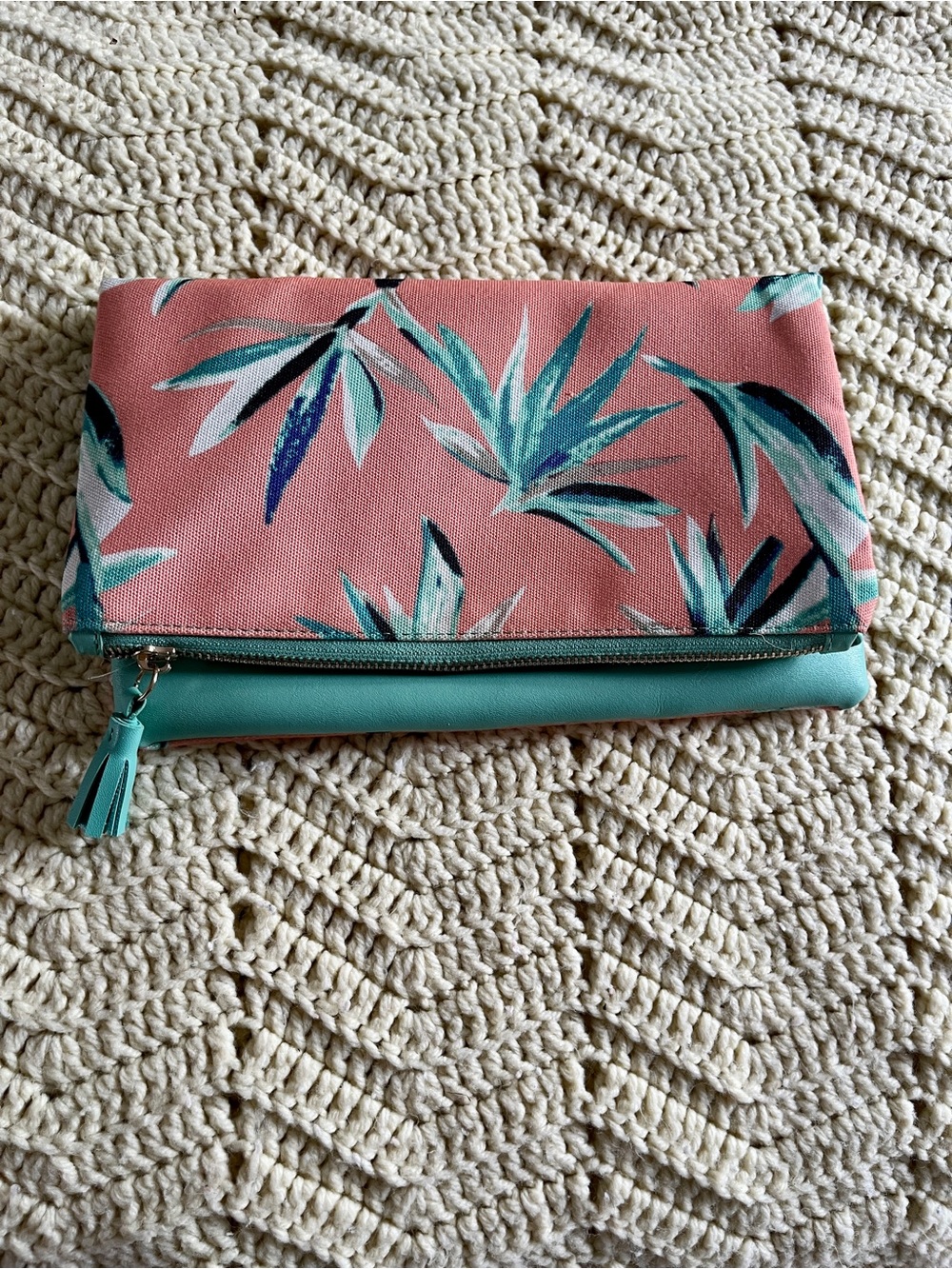 Rachel Pally Fold-Over Floral Canvas Clutch in Coral and Teal